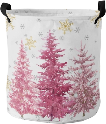 Snowflake Tree Laundry Basket,Collapsible Bag with Easy Carry Handles,Large Waterproof Foldable Freestanding Hamper,Folding Washing Bin Clothes Storage Round Blush Pink Christmas Golden Romantic Art