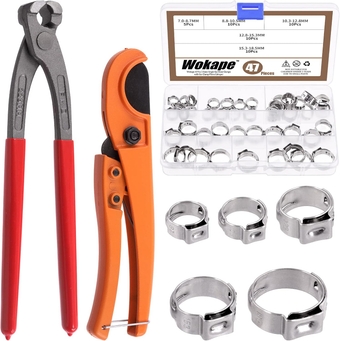 47Pcs 5 Sizes Stainless Steel Stepless Single Ear Hose Clamps with Pincers Crimper Tool Kit, 7-18.5mm Single Ear Hose Clamps with Pliers Pincer Crimper Tool and PEX Pipe Cutter