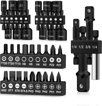 34PCS Premium Screwdriver Bit Set, Magnetic Nut Driver Set SAE & Metric, 1/4" Hex Shank, Impact Grade Socket Adapter Set with Drill Bit Holder, CR-V Steel