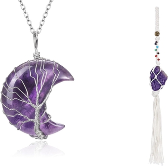 Bundle:Amethyst Crystal Necklace Healing Crystal Moon Necklace +Car Hanging Ornament Reiki Stones Healing Crystal Ornament