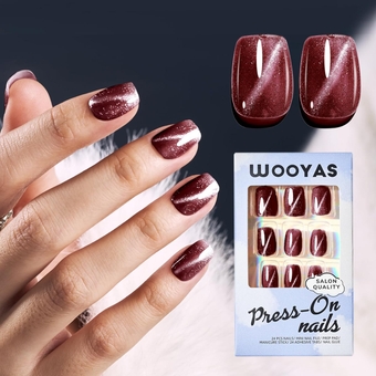 Cat Eye Press on Nails Short, Dark Red Cat Eye Gel Nails Square, Handmade Fake Nails by Manicurist, Dark Cherry Glossy Natural Magnetic Nails, 24 Pcs Nails Kit for Women, mothers day gifts