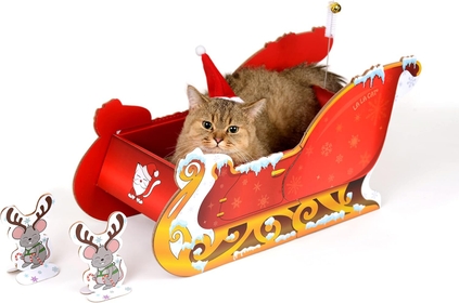 Santa Sleigh Cat Scratcher | Christmas Cat Scratcher with Santa Hat and Reindeer | Holiday Cat Scratch Pad | Cardboard Cat Scratcher Toy with Grooming Brush | Cat Scratchers for Indoor Cats