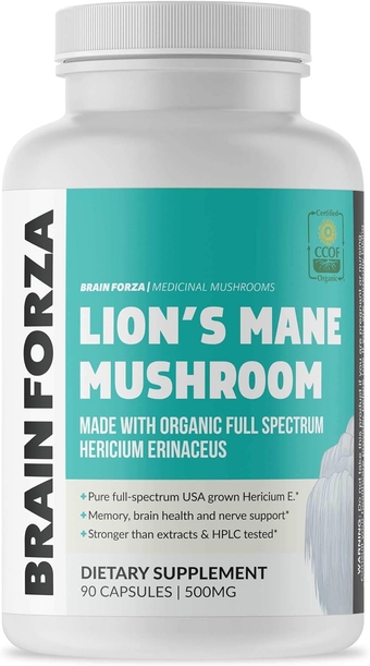 Organic Lion's Mane Mushroom Capsules, Natural Supplement for Memory Support, Focus, Clarity, Nerve Health, Non-GMO, Vegan, Organic, 90 Capsules