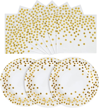 White and Gold Plates and Napkins -100 x 7'' Paper Plates & 100 x 6.5'' Napkins,White Gold Dots Paper Dessert Plates Party Supplies,Perfect for Birthdays,All Occasions