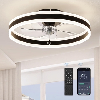 Low Profile Ceiling Fans with Lights, Flush Mount Modern Ceiling Fan and Remote Control, 19.7" LED Bladeless Ceiling Fans, Stepless Dimmable 3 Colors and 6 Speeds - Black