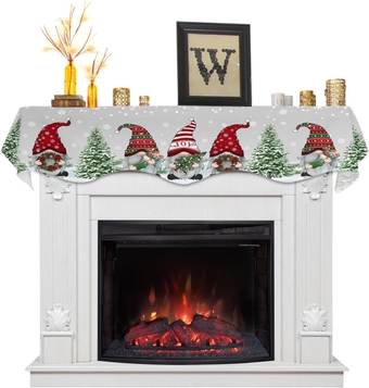 Christmas Mantel Scarf for Fireplace,Christmas Dwarf with Xmas Tree Wreath Mantel Shelf Top Scarves Runner Mantel Cover XMAS Fireplace Decoration for Home Living Room Holiday,White Snowflake on Grey