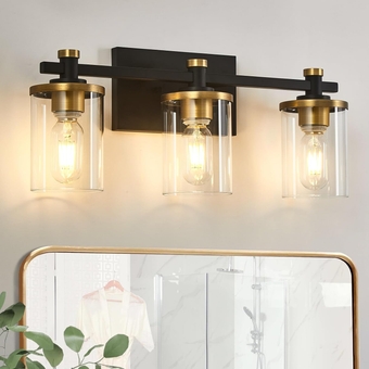 Bathroom Vanity Light 3-Light, Black and Gold Bathroom Light Fixtures with Clear Glass Shade, Vintage Bathroom Vanity Lights, Modern Wall Sconce for Bathroom, Living Room, Hallway, Bedroom