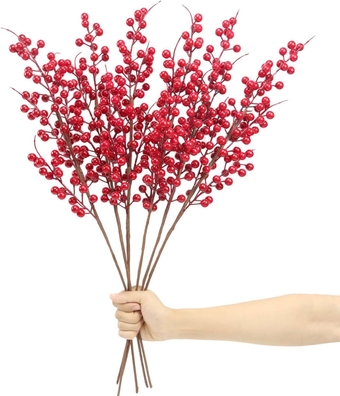 6 Pack Artificial Red Berry Stems 25.2 Inch, Long Christmas Red Berries Faux Red Berry Picks for Christmas Tree, Red Holly Berry Branches for Christmas Floral Arrangements Vase Decorations