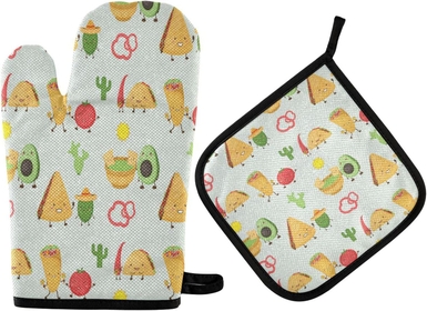 Autumn Mexican Taco Burrito Oven Mitts and Pot Holders Set Pepper Chili Cactus Kawaii Food Kitchen Oven Gloves Hot Pads Heat Resistant Handling Cooking Cookware Bakeware BBQ