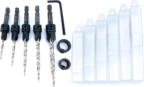 Wood Countersink Drill Bit Set 5 Sizes Set Countersink #4, 6, 8, 10, 12 Tapered Drill Bits with Hex Shank Countersink bit, 2 Stop Collar, 1 Allen Wrench, 6 Storage Containers