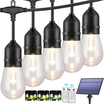 3-Color in 1 Solar String Lights Outdoor Waterproof Dimmable, 48ft Remote LED Patio Lights,15 Hanging Sockets Shatterproof Light for Backyard