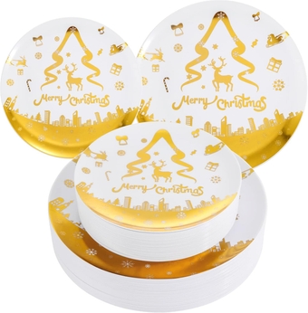 60PCS Christmas Plastic Plates Gold Disposable Plates Christmas Party Plates With Christmas Tree Bell Deer Snowflake White and Gold Plastic Dinnerware Include 30 Dinner Plates 30 Salad Plates