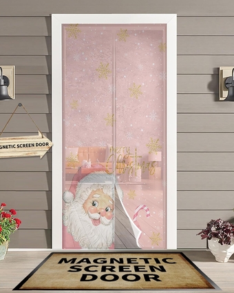 Pink Santa Magnetic Screen Door for Sliding/Single/French Doors, Self Sealing Magnets Patio Door Screen Heavy Duty Mesh Curtain, Merry Christmas Gold Winter Snowflake