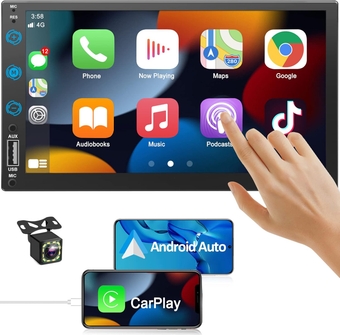 Double Din Car Stereo Radio with Backup Camera -Voice Control Apple Carplay & Android Auto, Bluetooth 5.3 Touch Screen Subwoofer Car Audio Receivers, 7 Inch HD MP5 Player with Mirror Link, USB/AM/FM