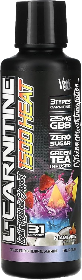 L-Carnitine 1500 Heat Stimulant Free Thermogenic Metabolic Support & Fat Loss for Men & Women | 1500mg L-Carnitine | Convenient Liquid (Miami Vice)