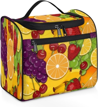 Cherry Grapes Oranges Travel Makeup Bags for Women Men, Water-resistant Hanging Toiletry Organizer wtih Metal Hook for Bathroom Toiletries, Portable Cosmetic Bag with Multiple Compartments