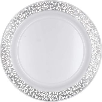 14 Count Hard Plastic 10.25" Divine Dinnerware Disposable China Dinner Plates with Lace Rim, White/Silver