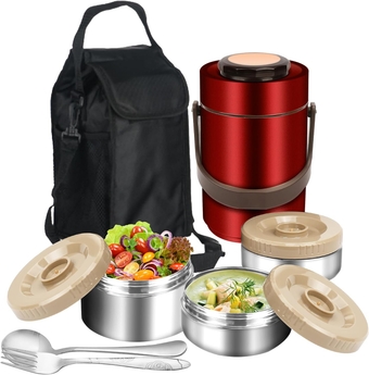 Thermos for Hot Food, 3 Layered Stackable 67oz Insulated Lunch Box, Large Soup Thermos Jar with Lunch Bag Spoon Fork, Stainless Steel Travel Bento Container for Adults Office Outdoor Meals