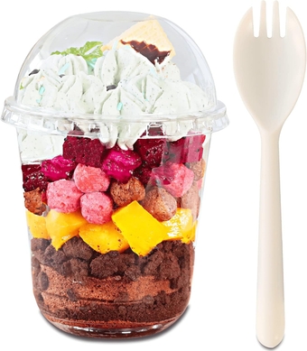 12 oz Clear Plastic Cups with Dome Lids No Hole and Sporks - (50 Sets) PET Disposable Dessert Cups, Parfait cups for Ice Cream, Iced Cold Drinks, Cupcake. Fruit Cups for Kids bday Party, Nice Sealing