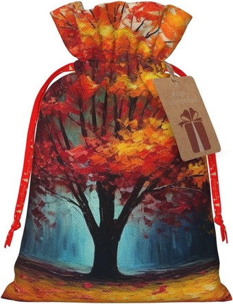 Autumn Fall Tree Christmas Burlap Gift Bag with Drawstring Christmas Wrapping Sacks Xmas Reusable Goodies Bags Linen Candy Bags Treat Sacks for Xmas Holiday Party