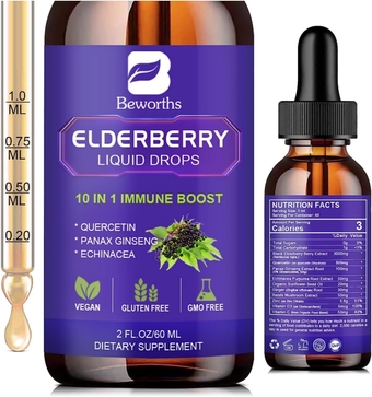 Elderberry Syrup | lack Elderberry Liquid Drop Zinc Quercetin Supplements for Immune Support | Sambucus Elderberry with Zinc and Vitamin C, D3 | Vegan | Non-GMO | Gluten Free | 30 Servings