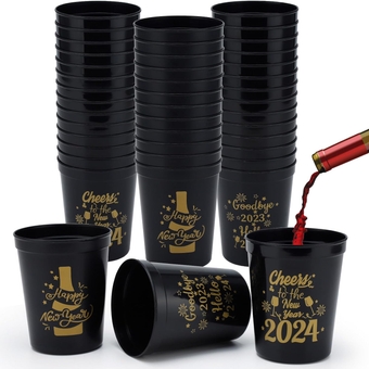 Happy New Year Party Cups - 24 Pack Reusable Tumblers, 16oz Plastic Holiday Stadium Cups, 3 Festive Drinking Pun Designs, Perfect for Happy New Year Eve Party Supplies 2024