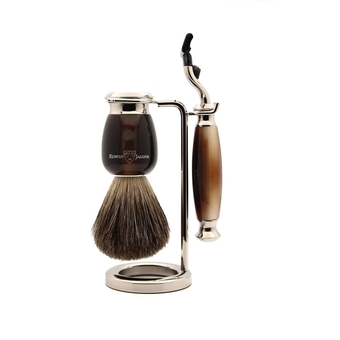S81M582AMZ Imitation Light Horn & Nickel Classic Shaving Set with Pure Badger Shaving Brush and Mach 3 Razor for Shaving Cream or Soap for Men