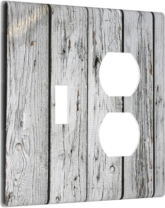 Farmhouse Grey Wood Print Funny Combo 1 Toggle Light Switch Covers Outlet Wall Plate Duplex 2 Gang Receptacle Decorative for Electrical Kitchen Room Decor Personalized Design Standard Size Device