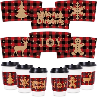 42 Pack Christmas Coffee Cup Sleeves Bulk Xmas Buffalo Plaids Kraft Paper Sleeves Red Black 6 Design Disposable Cup Sleeves Fits 12oz 16oz Cup for Hot Chocolate Cocoa Cold Beverage, No Cups