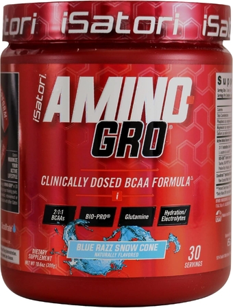 Amino-GRO BCAA Powder, Branched Chain Amino Acids with Glutamine, Electrolyte Powder & Bio-GRO Bio-Active Peptides for Muscle Growth & Post Workout Recovery, Blue Razz Snow Cone (30 Servings)