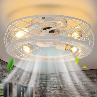 19.7" Caged Ceiling Fan With Light, White Flush Mount Low Profile Ceiling Fan with Light, 6 Speeds and Reversible wind, Included 5*2700K Bulbs, Farmhouse Enclosed Ceiling Fan for Bedroom, Kitchen