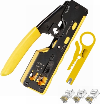 [CAT6a CAT7 Pass Through Crimper] for RJ45 Pass-Thru RJ12 RJ11 Regular and CAT5/5e CAT6 Unshielded Network Connectors Crimp and Cut (HT7088 Yellow. Come with Cable Stripper Cutter)