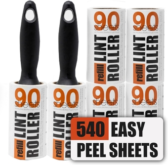 Lint Rollers and Refills for Pet Hair - 540 Sheets -2 Handles & 6 x 90-Sheet Rolls — Removes Pet Hair, Fluff and Dust from Clothes, Upholstery and Carpet
