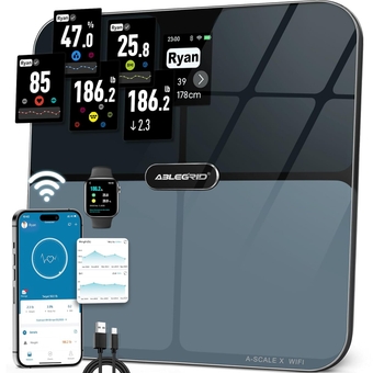 Body Fat Scale,Smart WiFi Digital Bathroom Scale for Body Weight and Fat,Rotate TFT Display,Rechargeable 16 Accurate Body Composition Scale for BMI,Heart Rate,Body Water,Baby Mode,400lb-Black