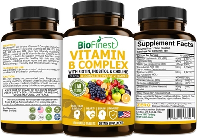 Vitamin B Complex Supplement - Super B1 B2 B3 B5 B6 B7 B9 B12 - with Biotin Inositol Choline Folic Acid - Heart Brain Skin Hair Nails Health Men Women - Made in USA (180 Coated Tablets)