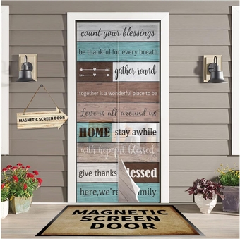 Teal Positive Energy Home Rule Wood Board Magnetic Screen Door, Muticolor Wooden Stripes Hands Free Screen Mesh Size 38'' x 83'', Reinforce Heavy Duty Mesh Screen Doors for Patio/Sliding Door