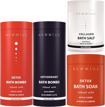 Bath Salt and Fizzing Bath Bombs Gift Set Pack of 4 - Collagen Magnesium Epsom Salt Vitamin C Orange Ginger Lemon Essential Oils