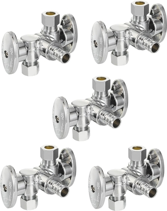 5-Pack DPS 1/4 Turn Dual Compression Outlet Angle Stop Valve with 2 Shut Off Valve/Handles, 1/2" Barb Crimp Pex Pipe Inlet X (3/8 inch x 3/8 inch)