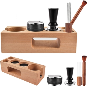 Espresso Accessories Kit 5-PCS Including Wooden Portafilter Station Organizer | 58MM Coffee Distributor | 58MM Tamper Press | WDT Stirrer Needle | Coffee Mat Brush, Multipurpose Espresso Tools Gift