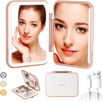 Travel Makeup Mirror with Lights,5X Magnifying Vanity Mirror,Compact Mirror Double Sided Handheld Mirror with Auto-Off Light,Rechargeable Portable Folding LED Make Up Mirror,Gift for Her
