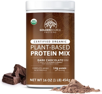 GoldenSource Proteins, Dark Chocolate, Plant Based Protein Powder, Protein Mix, Protein Powder with 22 Vitamins & Minerals, 14g of Protein, & Complete Amino Acid Profile, Vegan Protein Powder