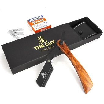 The Cut Factory Straight Razor with 100 Pack Platinum Treat Single Straight Edge Razor for Close Shaving 100 Percent Wood, Blade Razors for Men: Professional Barber (Brown)
