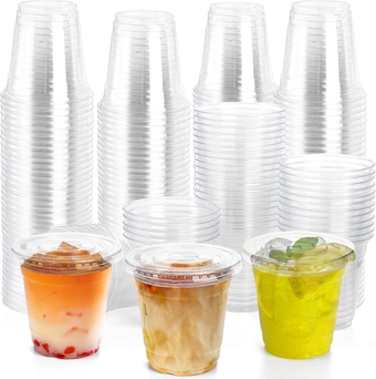 200 Sets Clear Plastic Cups with Lids, 10 Oz Disposable Cold Drinking Cups, Plastic Party Cups with Straw Slot Lids for Beverage, Iced Coffee, Smoothie, Milkshake and TO-GO Drinkings