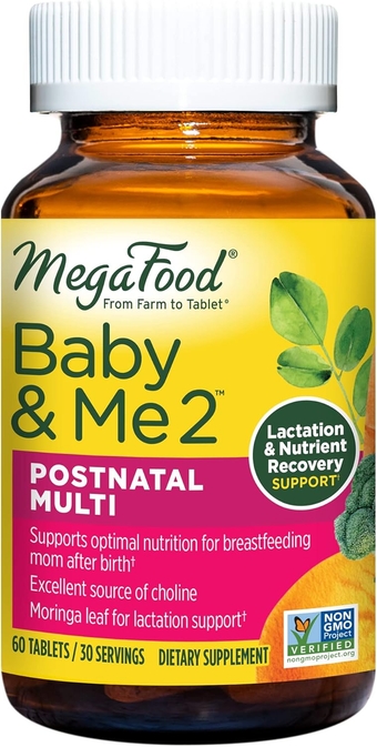 Baby & Me 2 Postnatal Vitamins for Breastfeeding Moms with Folate (Folic Acid Natural Form), Choline, Iodine, Vitamin D, Moringa Leaf and More - 60 Tabs (30 Servings)