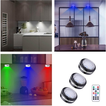 3PCS Battery Lights Under Cabinet Lighting, Under Cabinet Lights 16 Color Multi Color Changing LED Lights Battery Operated Dimmable with Remote and Timing Lamps for Classroom (Black, One Size)