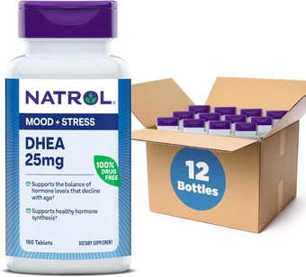 Mood & Stress DHEA 25mg with Calcium, Dietary Supplement for Balance of Certain Hormone Level and Mood Support, 180 Tablets, 180 Day Supply (Pack of 12)