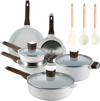 Garlie 13pcs Pots and Pans Set, Nonstick White Granite Set, Cookware Sets Suitable for Gas, Electric, Induction, Kitchen Cooking Set with Frying Pans, Saucepans, Casserole, Dishwasher Safe
