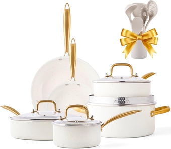 Nonstick Cookware Set - 16 PCS Non Toxin Pots and Pans Set Non stick With Dutch Oven, Frying Pan Set, Saucepan, Sauté Pan, Cooking Utensils - Kitchen Cookware Sets Granite Cooking Pot Gold Gifts