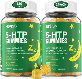 5-HTP GABA Gummies - Melatonin Free Calm Gummies, Extra Strength 900mg Complex for Health Rest Cycle, Banana Extract, L-Theanine, L-Tryptophan, Omega-3-6-9, for Natural Zzz, Brain Relax (Pack of 2)