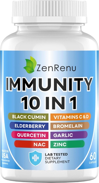 Immune Booster for Adults - 10 in 1 Immunity Support Supplement with Quercetin, Bromelain, NAC, Elderberry, Vitamin C & D3 for Immune Defense & Antioxidant -Easy to Absorb Capsules
